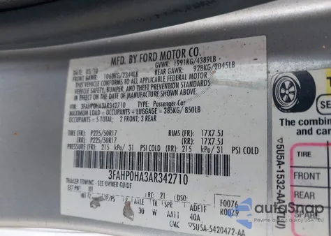 2010 Ford Fusion Se z USA, uszkodzony, nr VIN 3FAHP0HA3AR342710